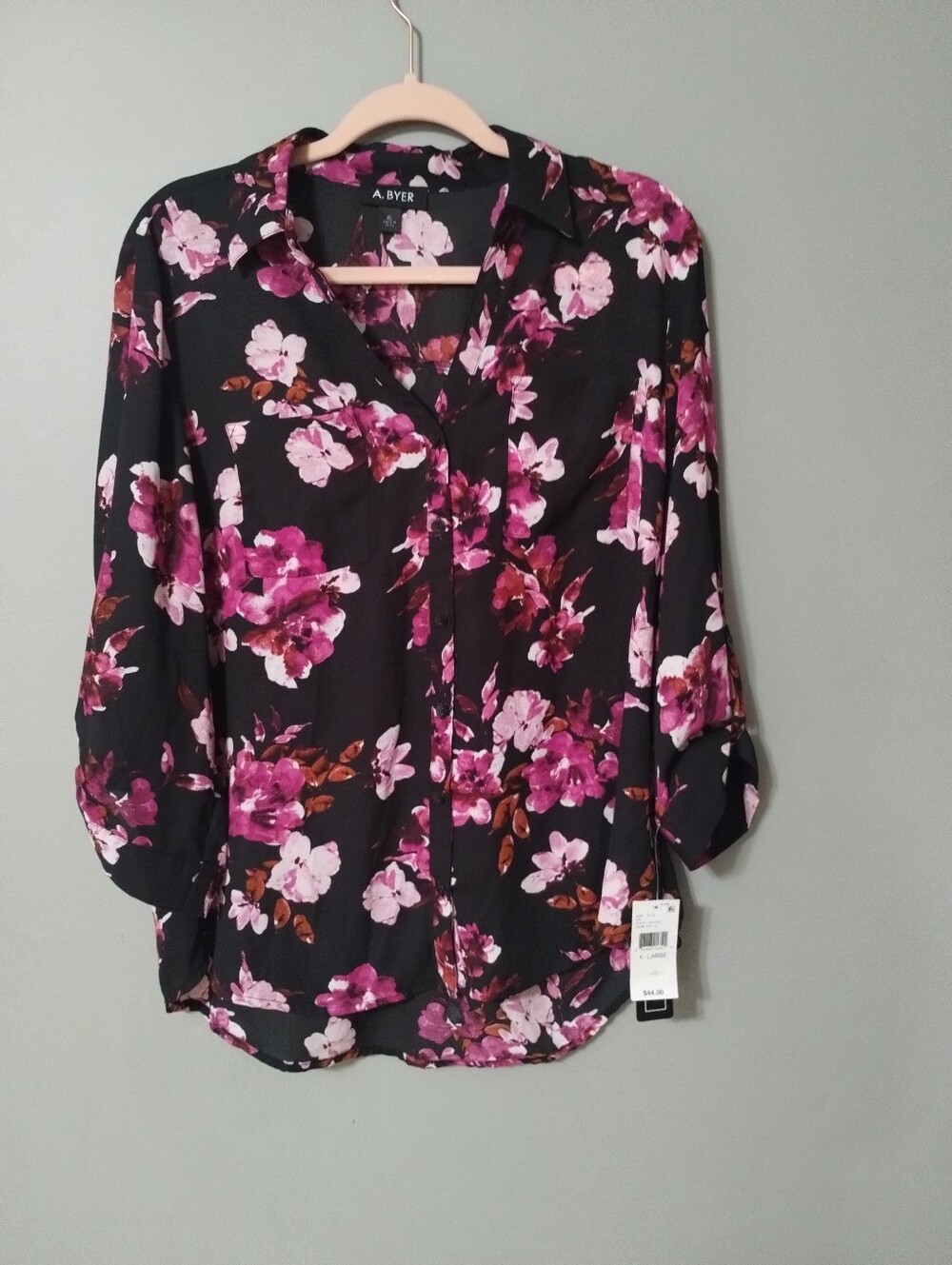 Amy Byer Black Floral Sheer Top XL